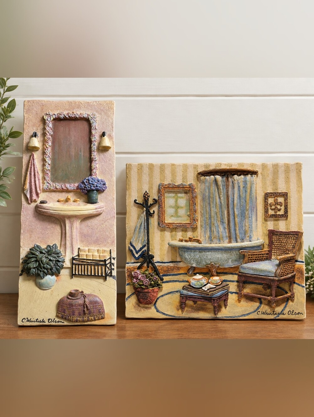 Two C. Winterle Olson Raised Textured Relief Art Tiles Wall Shelf Bathroom Decor
